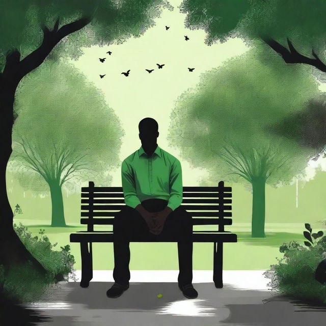 An evocative digital art piece portraying a heartbroken black man sitting alone on a bench in a park