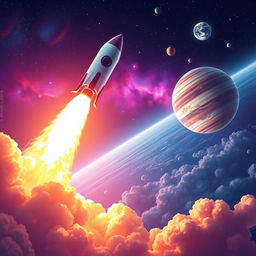A vibrant digital art poster depicting a rocket launch into space