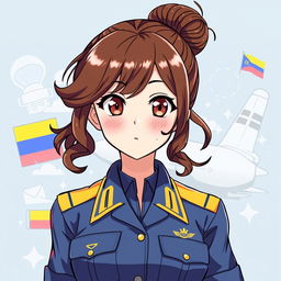 A Latina girl with wavy hair styled in a bun, possessing brown eyes and brown hair, wearing the Colombian Air Force uniform