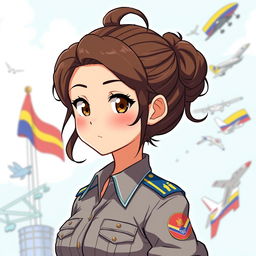 A Latina girl with wavy hair styled in a bun, possessing brown eyes and brown hair, wearing the Colombian Air Force uniform