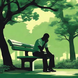 An evocative digital art piece portraying a heartbroken black man sitting alone on a bench in a park