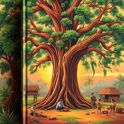 A beautifully crafted book cover for an anthology of short stories (cerkak) themed around 'serat jati' (the essence of teak wood), featuring an intricate illustration of a large, majestic teak tree with rich, textured bark and lush green foliage set against a serene sunset backdrop