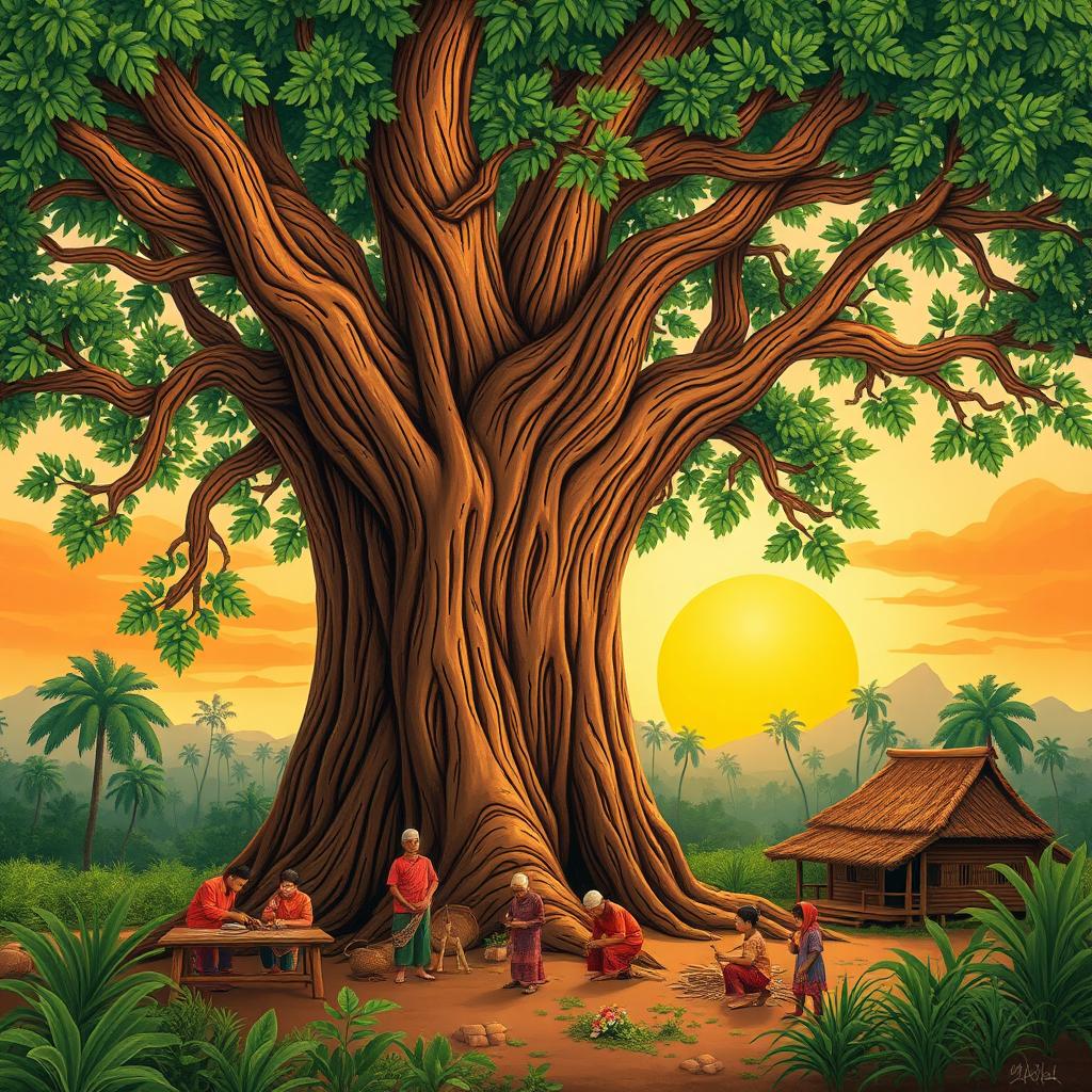 A beautifully crafted book cover for an anthology of short stories (cerkak) themed around 'serat jati' (the essence of teak wood), featuring an intricate illustration of a large, majestic teak tree with rich, textured bark and lush green foliage set against a serene sunset backdrop