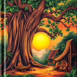 A beautifully crafted book cover for an anthology of short stories (cerkak) themed around 'serat jati' (the essence of teak wood), featuring an intricate illustration of a large, majestic teak tree with rich, textured bark and lush green foliage set against a serene sunset backdrop