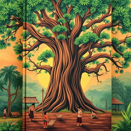 A beautifully crafted book cover for an anthology of short stories (cerkak) themed around 'serat jati' (the essence of teak wood), featuring an intricate illustration of a large, majestic teak tree with rich, textured bark and lush green foliage set against a serene sunset backdrop