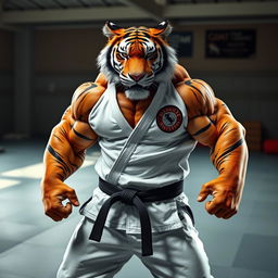 An anthropomorphic hypermuscular tiger wearing Brazilian Jiu-Jitsu gi, embodying strength and agility