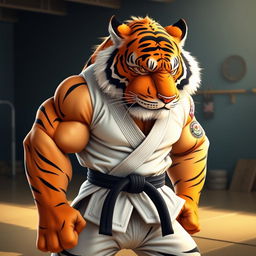 An anthropomorphic hypermuscular tiger wearing Brazilian Jiu-Jitsu gi, embodying strength and agility