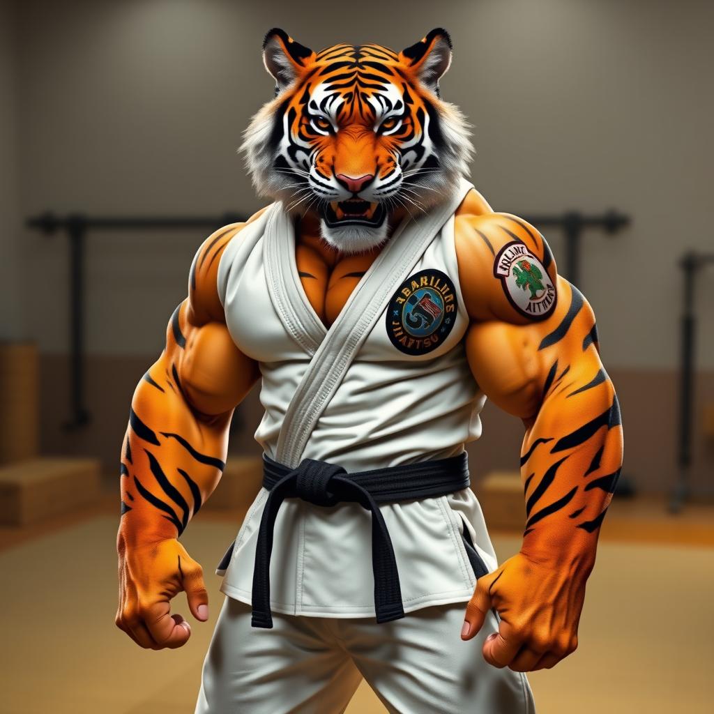 An anthropomorphic hypermuscular tiger wearing Brazilian Jiu-Jitsu gi, embodying strength and agility