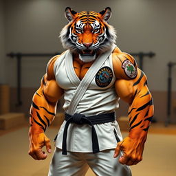 An anthropomorphic hypermuscular tiger wearing Brazilian Jiu-Jitsu gi, embodying strength and agility