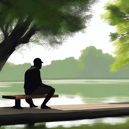 A high-quality digital art piece that portrays a heartbroken black man sitting alone on a bench in a serene park