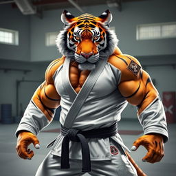 An anthropomorphic hypermuscular tiger wearing Brazilian Jiu-Jitsu gi, embodying strength and agility