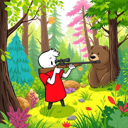 A whimsical white cartoon character wearing a bright red T-shirt, stealthily aiming a sniper rifle at a bear in a lush, vibrant forest filled with diverse trees and foliage