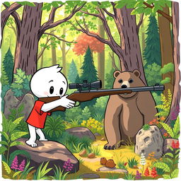 A whimsical white cartoon character wearing a bright red T-shirt, stealthily aiming a sniper rifle at a bear in a lush, vibrant forest filled with diverse trees and foliage