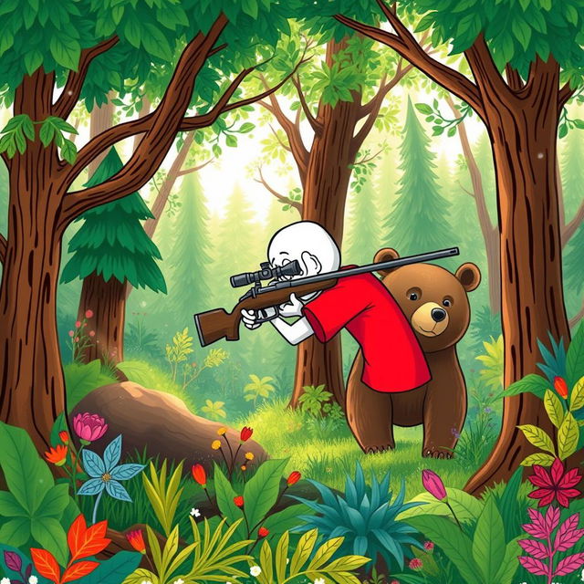 A whimsical white cartoon character wearing a bright red T-shirt, stealthily aiming a sniper rifle at a bear in a lush, vibrant forest filled with diverse trees and foliage