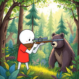 A whimsical white cartoon character wearing a bright red T-shirt, stealthily aiming a sniper rifle at a bear in a lush, vibrant forest filled with diverse trees and foliage