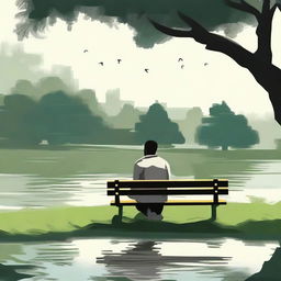 A high-quality digital art piece that portrays a heartbroken black man sitting alone on a bench in a serene park