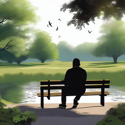 A high-quality digital art piece that portrays a heartbroken black man sitting alone on a bench in a serene park