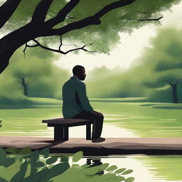 A high-quality digital art piece that portrays a heartbroken black man sitting alone on a bench in a serene park