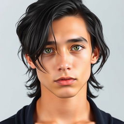 A 19-year-old young man with long, wavy black hair that falls beneath his ears, green eyes, a small mole beneath his left eye, and thin, pale pink lips