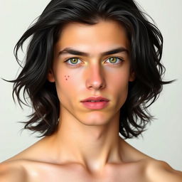 A 19-year-old young man with long, wavy black hair that falls beneath his ears, green eyes, a small mole beneath his left eye, and thin, pale pink lips
