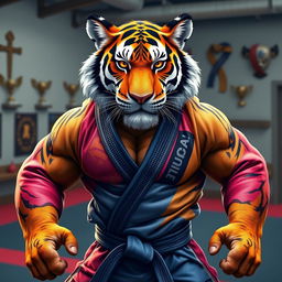 An anthropomorphic hypermuscular tiger wearing vibrant Brazilian Jiu-Jitsu gi, showcasing intricate detailing on the uniform