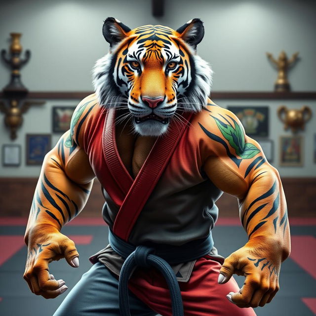 An anthropomorphic hypermuscular tiger wearing vibrant Brazilian Jiu-Jitsu gi, showcasing intricate detailing on the uniform