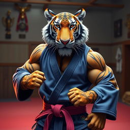 An anthropomorphic hypermuscular tiger wearing vibrant Brazilian Jiu-Jitsu gi, showcasing intricate detailing on the uniform