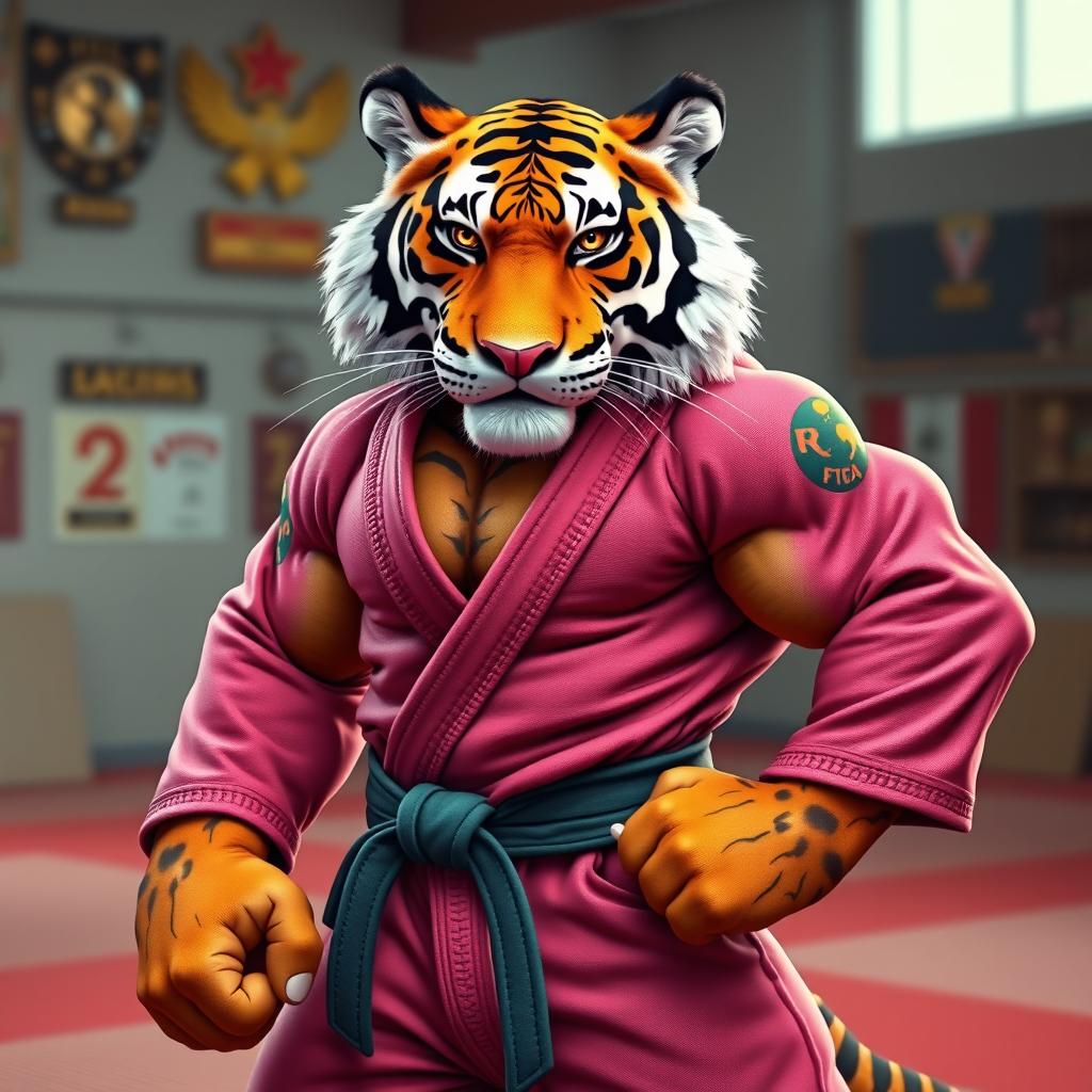 An anthropomorphic hypermuscular tiger wearing vibrant Brazilian Jiu-Jitsu gi, showcasing intricate detailing on the uniform