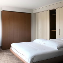 Modern bedroom featuring a comfortable bed, stylish wardrobes and a wall-mounted TV.