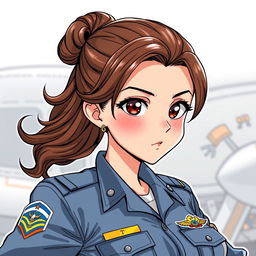 A Latin girl with wavy brown hair tied up in a bun, featuring brown eyes, wearing a Colombian Air Force uniform