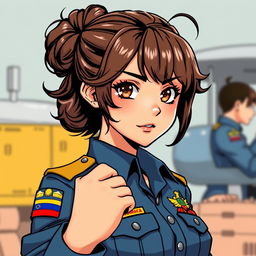 A Latin girl with wavy brown hair tied up in a bun, featuring brown eyes, wearing a Colombian Air Force uniform