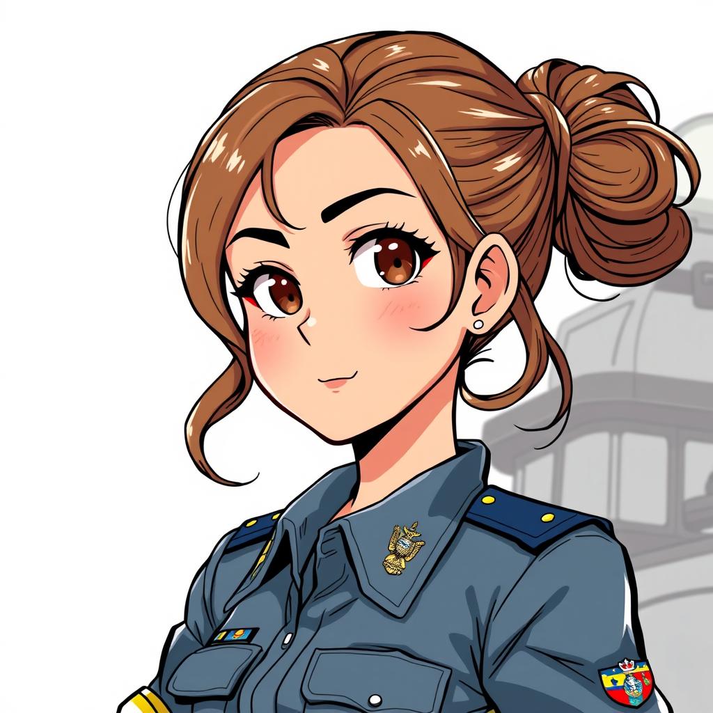 A Latin girl with wavy brown hair tied up in a bun, featuring brown eyes, wearing a Colombian Air Force uniform