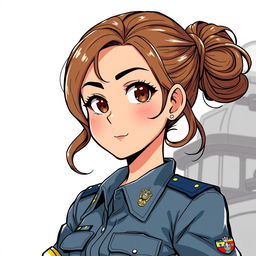 A Latin girl with wavy brown hair tied up in a bun, featuring brown eyes, wearing a Colombian Air Force uniform