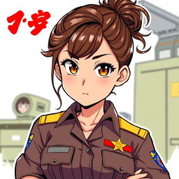 A Latin girl with wavy brown hair tied up in a bun, featuring brown eyes, wearing a Colombian Air Force uniform