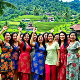 A vibrant and empowering scene of women in the Philippines standing together in solidarity, showcasing a diverse group of Filipina women of different ages and backgrounds, all smiling and celebrating their strength
