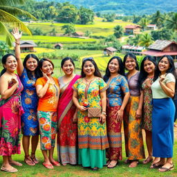 A vibrant and empowering scene of women in the Philippines standing together in solidarity, showcasing a diverse group of Filipina women of different ages and backgrounds, all smiling and celebrating their strength