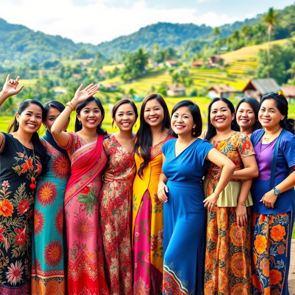 A vibrant and empowering scene of women in the Philippines standing together in solidarity, showcasing a diverse group of Filipina women of different ages and backgrounds, all smiling and celebrating their strength