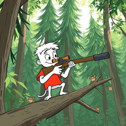 A whimsical hand-drawn style illustration of a white cartoon character wearing a bright red T-shirt, carefully aiming a sniper rifle in a dense, lush forest