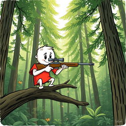 A whimsical hand-drawn style illustration of a white cartoon character wearing a bright red T-shirt, carefully aiming a sniper rifle in a dense, lush forest