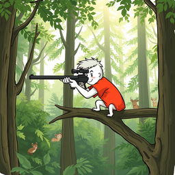 A whimsical hand-drawn style illustration of a white cartoon character wearing a bright red T-shirt, carefully aiming a sniper rifle in a dense, lush forest