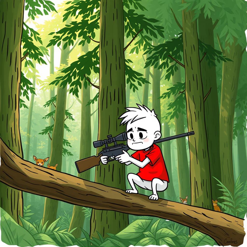 A whimsical hand-drawn style illustration of a white cartoon character wearing a bright red T-shirt, carefully aiming a sniper rifle in a dense, lush forest