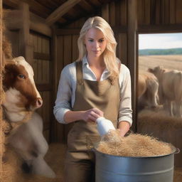 A high-quality, realistic digital painting illustrates a blonde Instagram model engaged in the act of milk harvesting