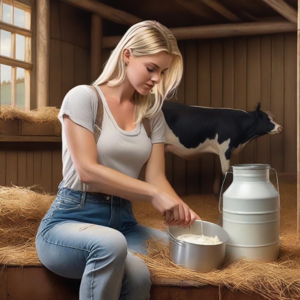 A high-quality, realistic digital painting illustrates a blonde Instagram model engaged in the act of milk harvesting