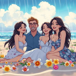 An animated scene featuring beautiful ladies and their husbands enjoying a beach day