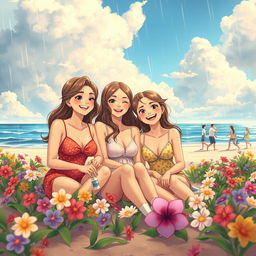 An animated scene featuring beautiful ladies and their husbands enjoying a beach day