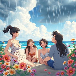 An animated scene featuring beautiful ladies and their husbands enjoying a beach day