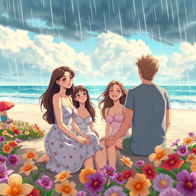 An animated scene featuring beautiful ladies and their husbands enjoying a beach day