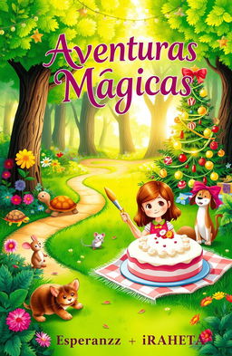 A vibrant and whimsical book cover featuring a lush green forest filled with colorful flowers and bright sunlight filtering through the trees