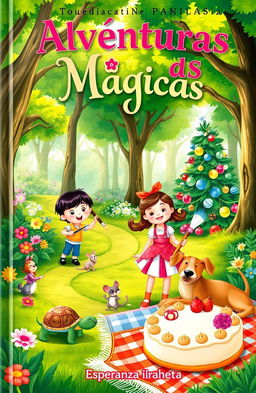 A vibrant and whimsical book cover featuring a lush green forest filled with colorful flowers and bright sunlight filtering through the trees