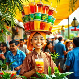 A whimsical and vibrant scene featuring a refreshing ice tea vendor balancing a large tray of colorful iced tea cups on their head
